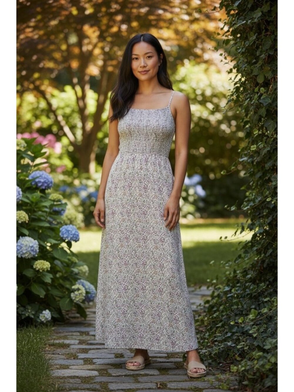 Lightweight Print High Neck Maxi Dress Size M Elastic Smocked 100% Rayon